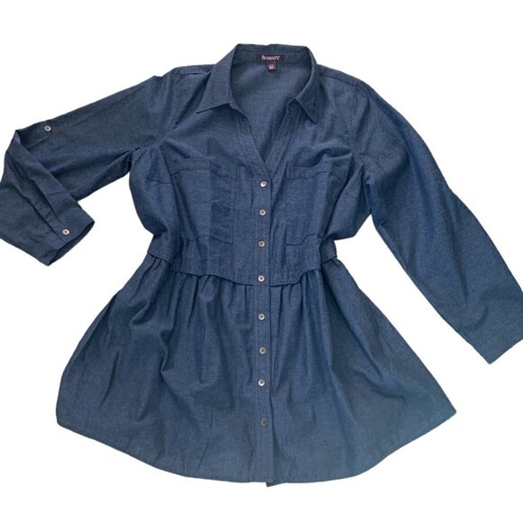Roaman's Cotton Chambray Long Sleeve Button Front Tunic Top Plus Sz 16W Blue 88C - Picture 2 of 9